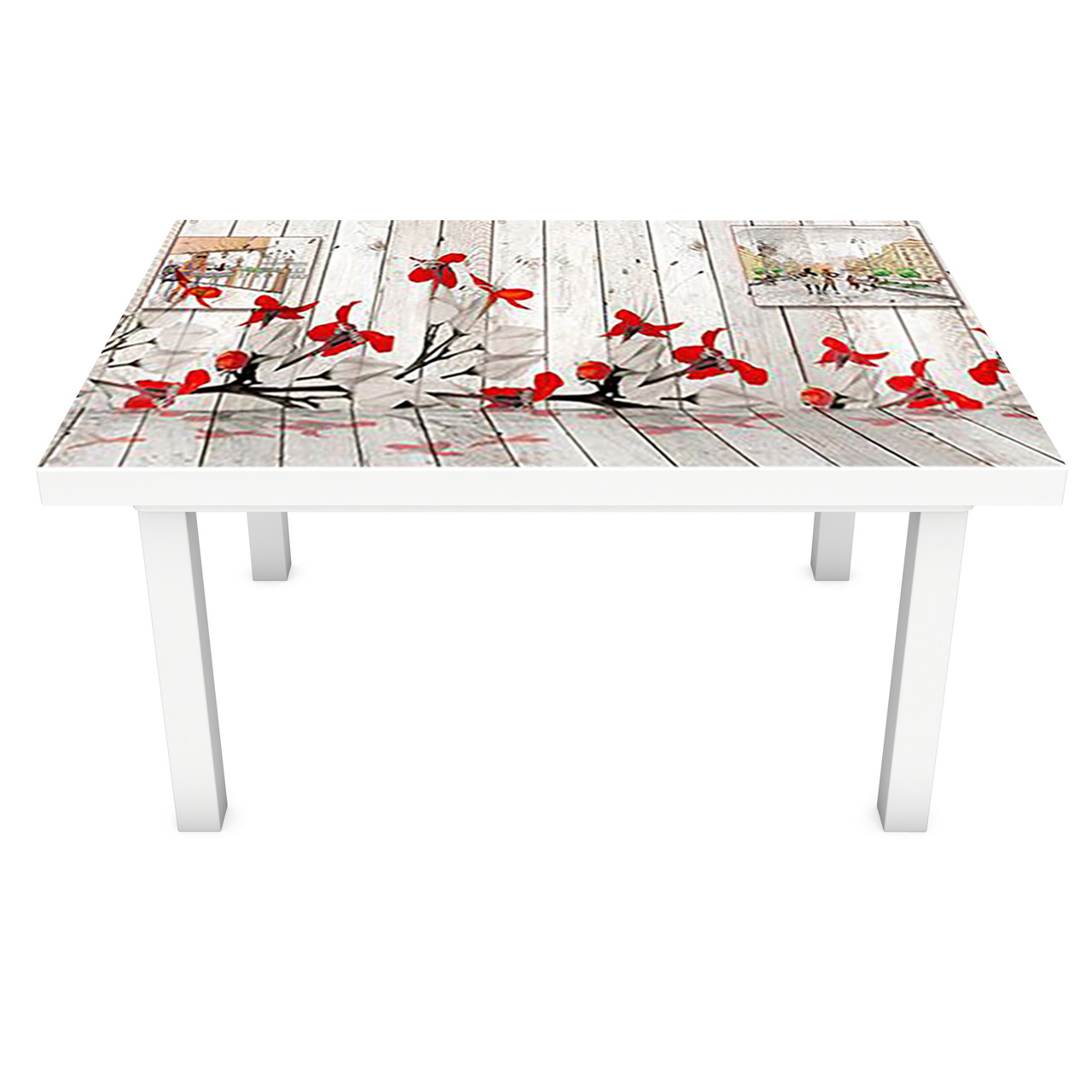 Вінілова наклейка на стіл Ілюзія декор меблів самоклейка 3д дошки червоні квіти Прованс Сірий 600*1200 мм
