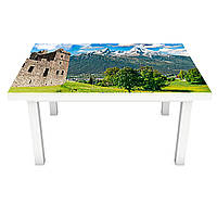 Виниловая наклейка на стол Долина возле Замка интерьерная ПВХ пленка для мебели трава горы Зеленый 600*1200 мм
