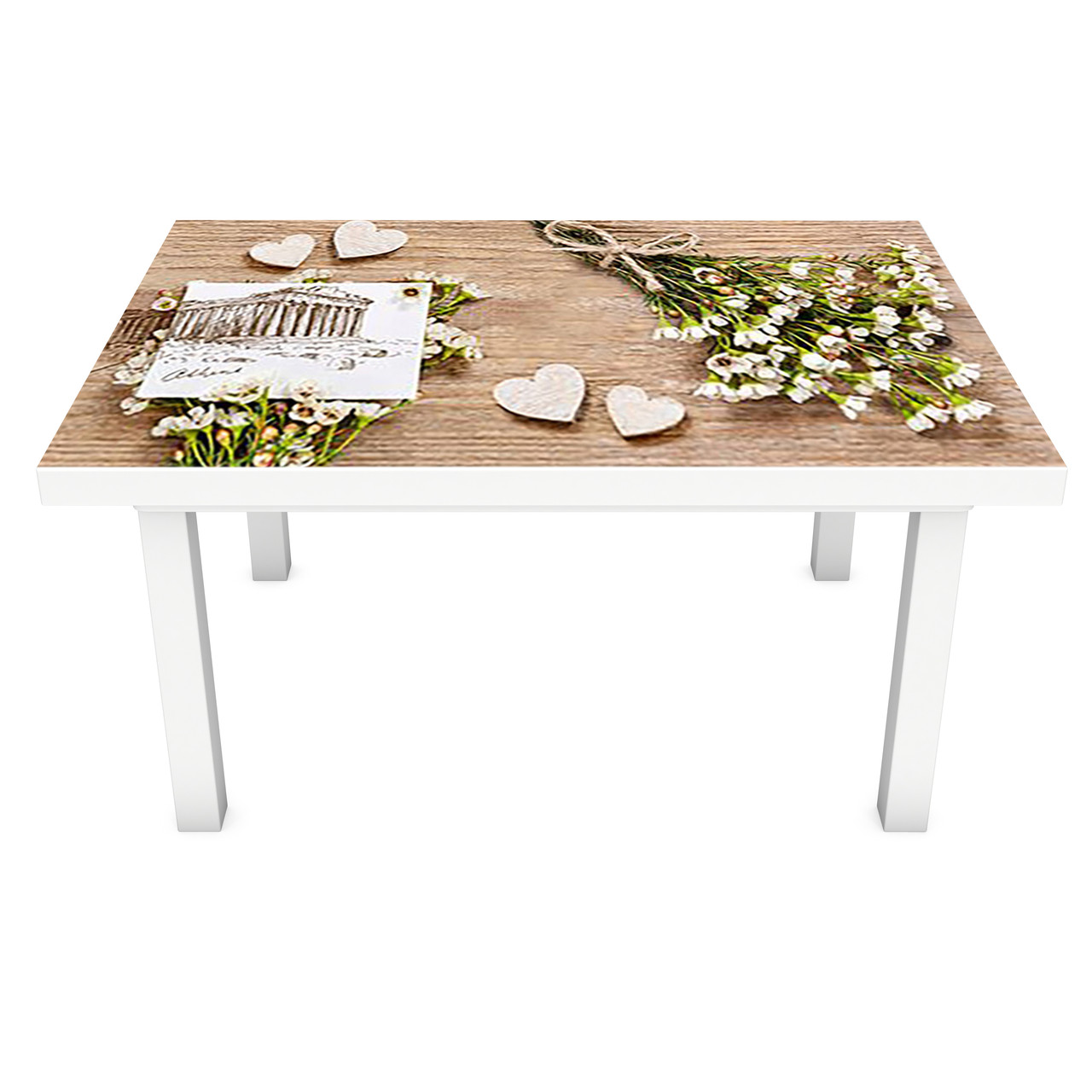 Вінілова наклейка на стіл Польові квіти ПВХ білі плівка для меблів на дерев'яному тлі Бежевий 600*1200 мм