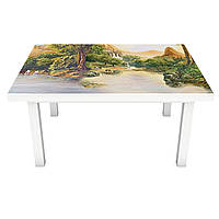 Виниловая наклейка на стол Оазис (интерьерная ПВХ пленка для мебели) лес река скалы Зеленый 650*1200 мм