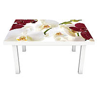 Виниловая наклейка на стол Бордовые Орхидеи (интерьерная ПВХ пленка для мебели) цветы на белом фоне 650*1200