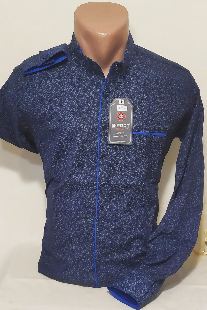 Сорочка чоловіча G-Port vd-0059 синя у візерунок приталена трансформер стрейч-котон Туреччина