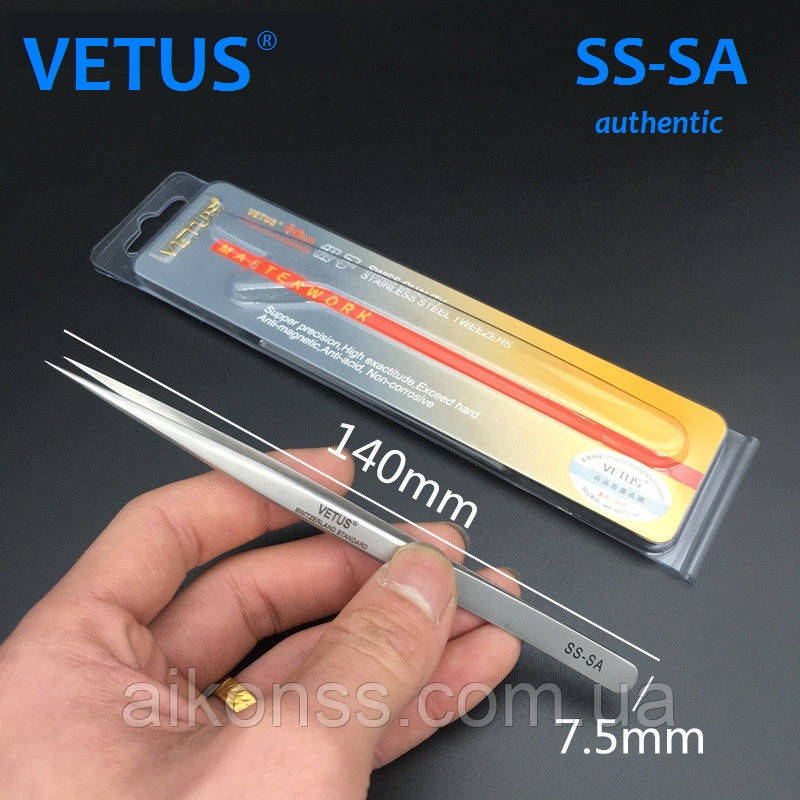 Пинцет Vetus SS-SA оригинал (140мм) антимагнитный прямой высокоточный ,302-я сталь HRC40+ - фото 2 - id-p1242894343