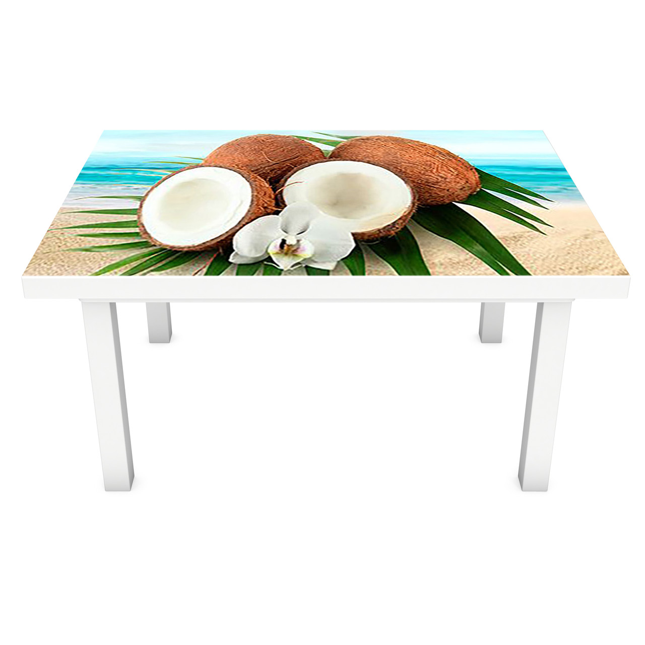 Наклейка на стіл Кокоси ПВХ інтер'єрна плівка для меблів пальми тропічні фрукти блакитний 600*1200 мм