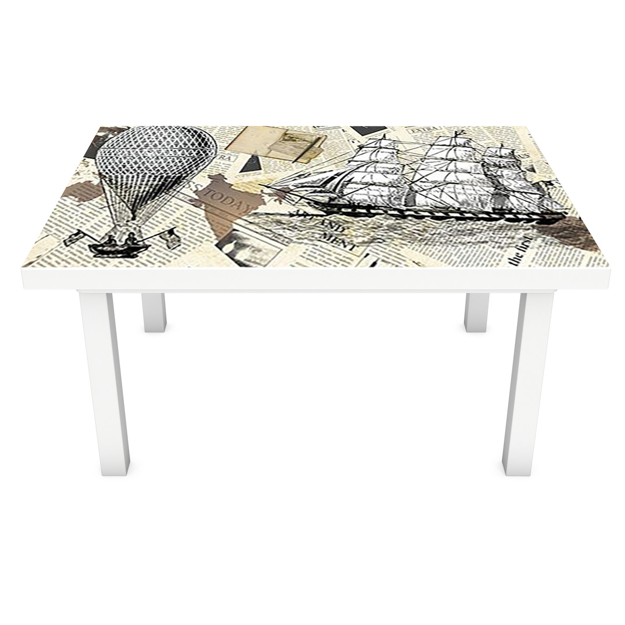 Наклейка на стіл Ретро Світ ПВХ інтер'єрна плівка для меблів газети повітряна куля Бежева 600*1200 мм