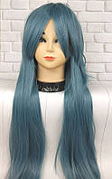 Парик синий бледный длинный прямой ровный с длинной челкой женский для женщин 80см из искусственных волос (