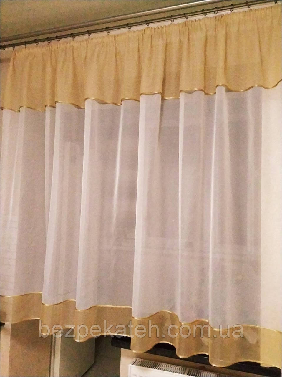 Готова коричнева тюль. Коротка тюль. Тюль до підвіконня. Тюль на кухню до підвіконня. Кухонна тюль. Занавіска для кухні., фото 1