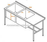 Стіл-мийка 1800х700 з двома чашами 550*550 мм із нержавійки, фото 2