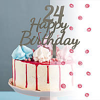 Топпер фигурка на торт зеркальный двусторонний "Happy Birthday с цифрой" Manific Decor (золотой,серебряный)