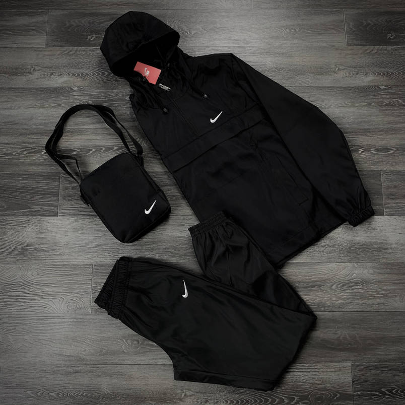 Спортивний костюм чоловічий Найк, Nike чорний. Барсетка в Подарунок анорак + штани комплект, фото 2