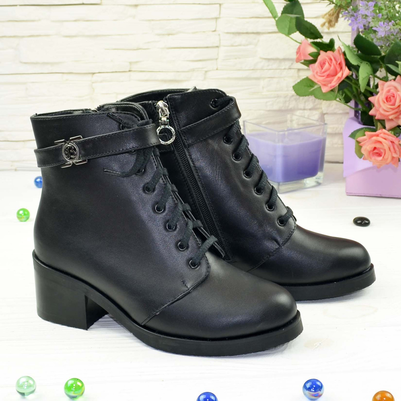 Жіночі шкіряні черевики на шнурівці і масивному каблуці, фото 1