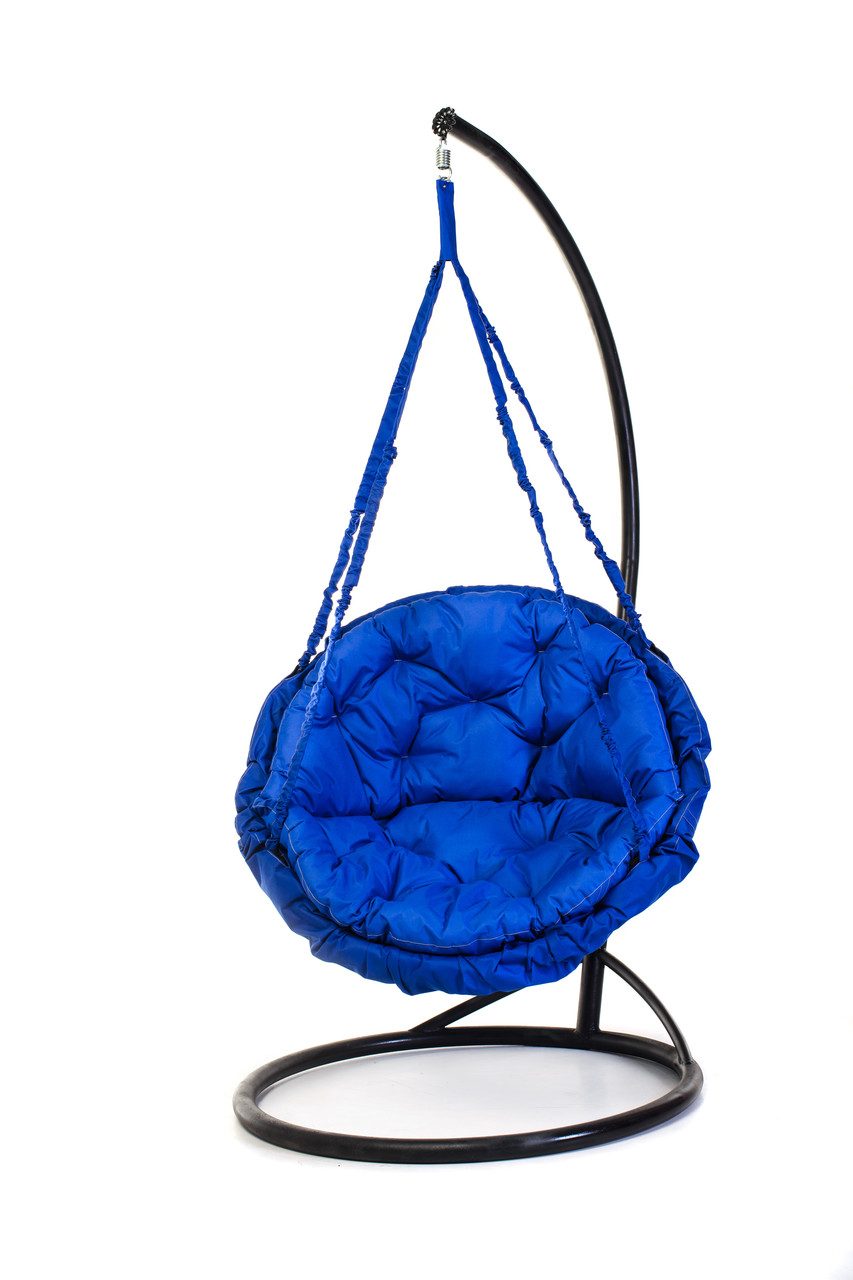 Підвісне крісло гамак для дому та саду з великою круглою подушкою 120 х 120 см до 250 кг синього кольору