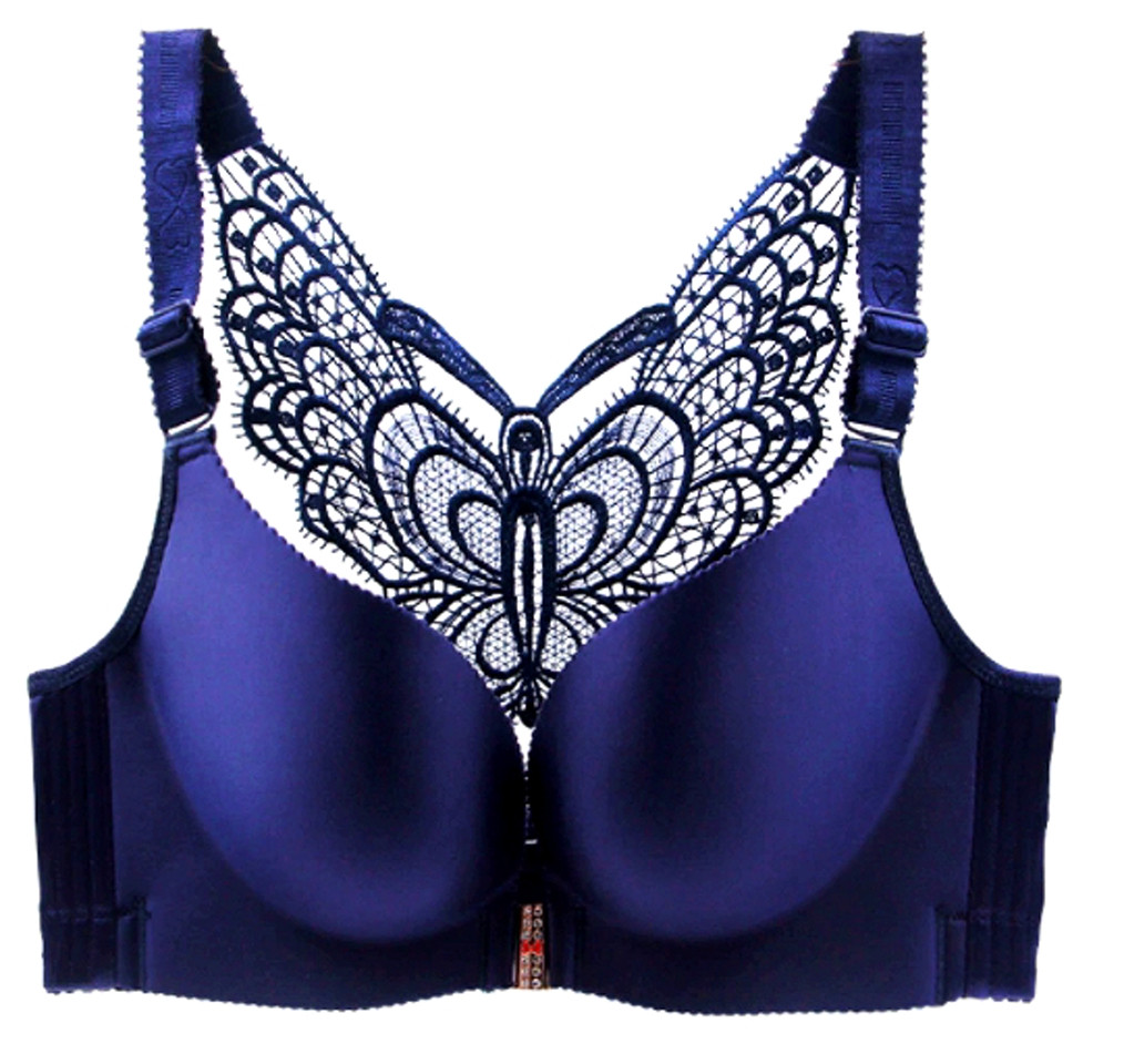 Бюстгальтер 115E великий розмір для пишних грудей синій з метеликом без кісточок із застібкою спереду, фото 1