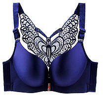 Бюстгальтер 100D великий розмір для пишних грудей синій з метеликом без кісточок із застібкою спереду