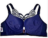 Бюстгальтер 100D великий розмір для пишних грудей синій з метеликом без кісточок із застібкою спереду, фото 2