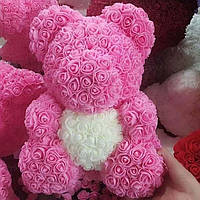 Мишка из розовых 3D роз 40 см в подарочной упаковке медведь Тедди розовый (Живые фото!)