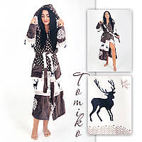 Халат жіночий махровий із капюшоном довгий шоколад із оленями. Туреччина