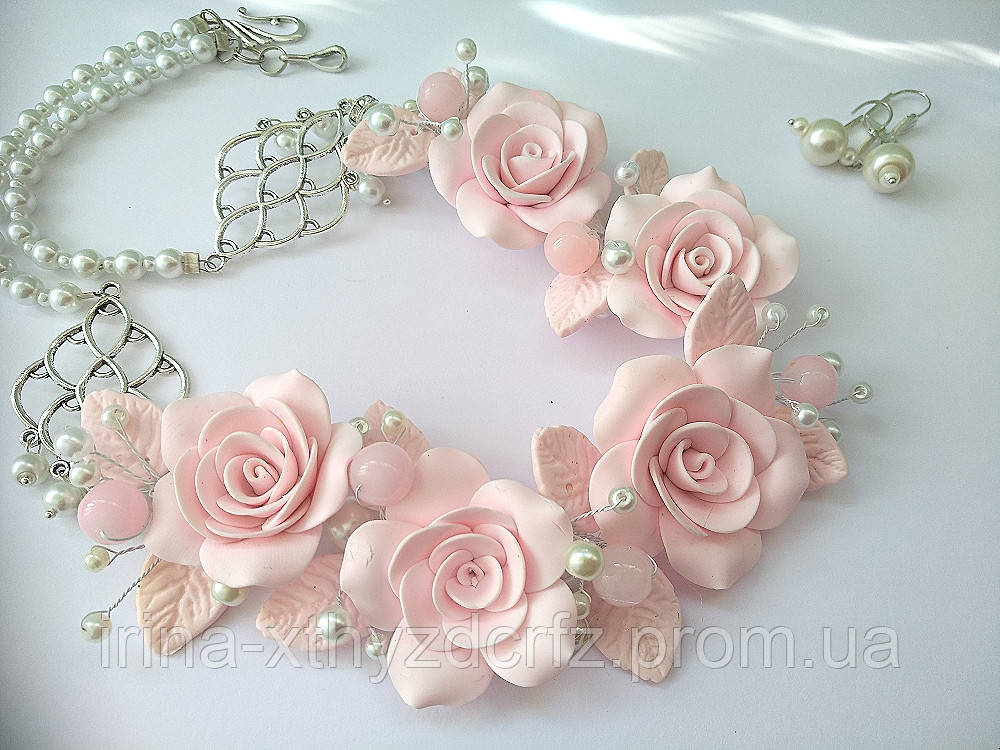 Кольє і сережки з великими рожевими трояндами, фото 1