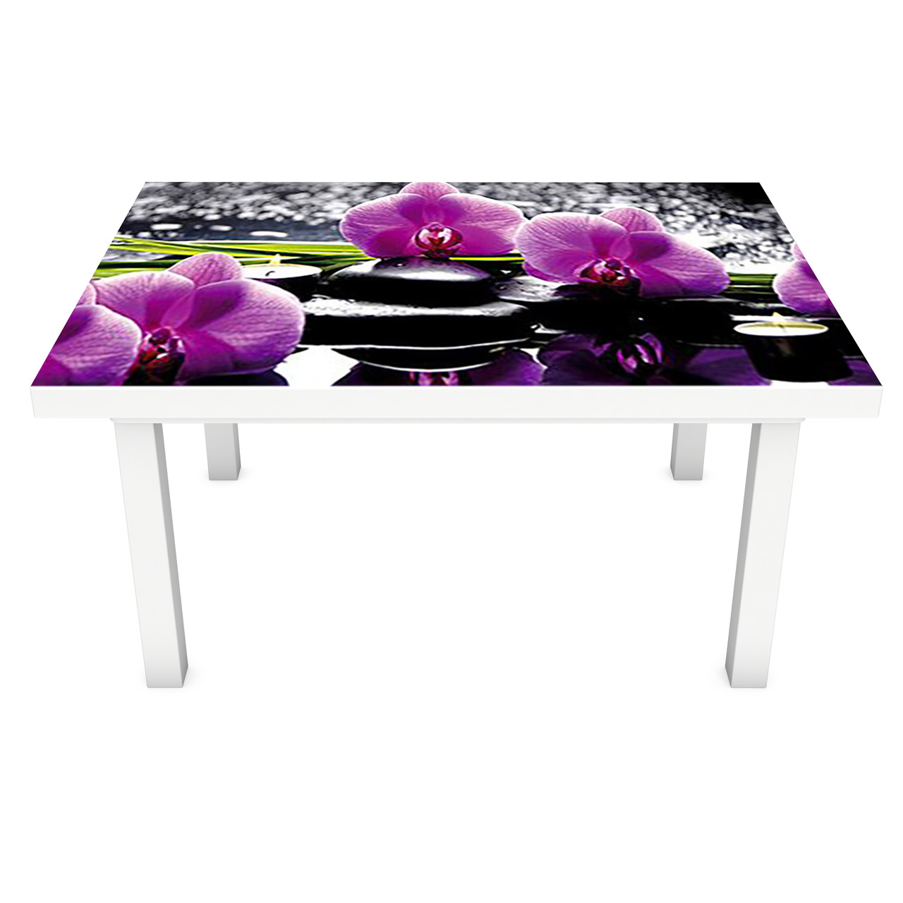 Наклейка на стіл Фіолетові орхідеї (вінілова плівка ПВХ для меблів) Квіти камені Чорний 600*1200мм, фото 1