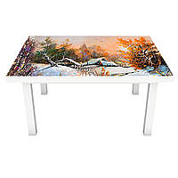 Наклейка на стол Зима в деревне (виниловая пленка ПВХ для мебели) лес снег домики Пейзаж Оранжевый 600*1200 мм