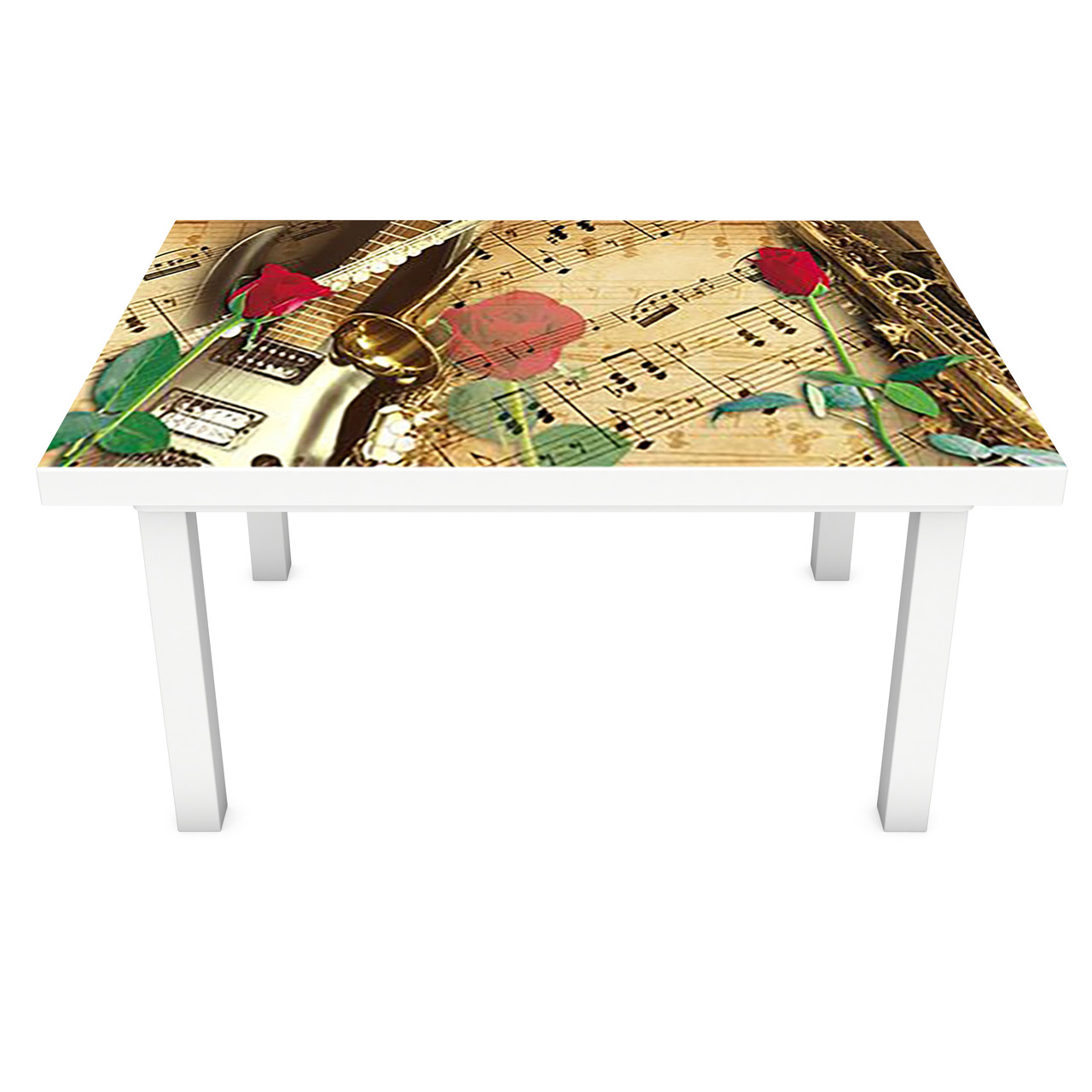 Наклейка на стіл Музика (вінілова плівка ПВХ для меблів) Троянди Ноти Музичні інструменти Бежевий 600*1200мм, фото 1