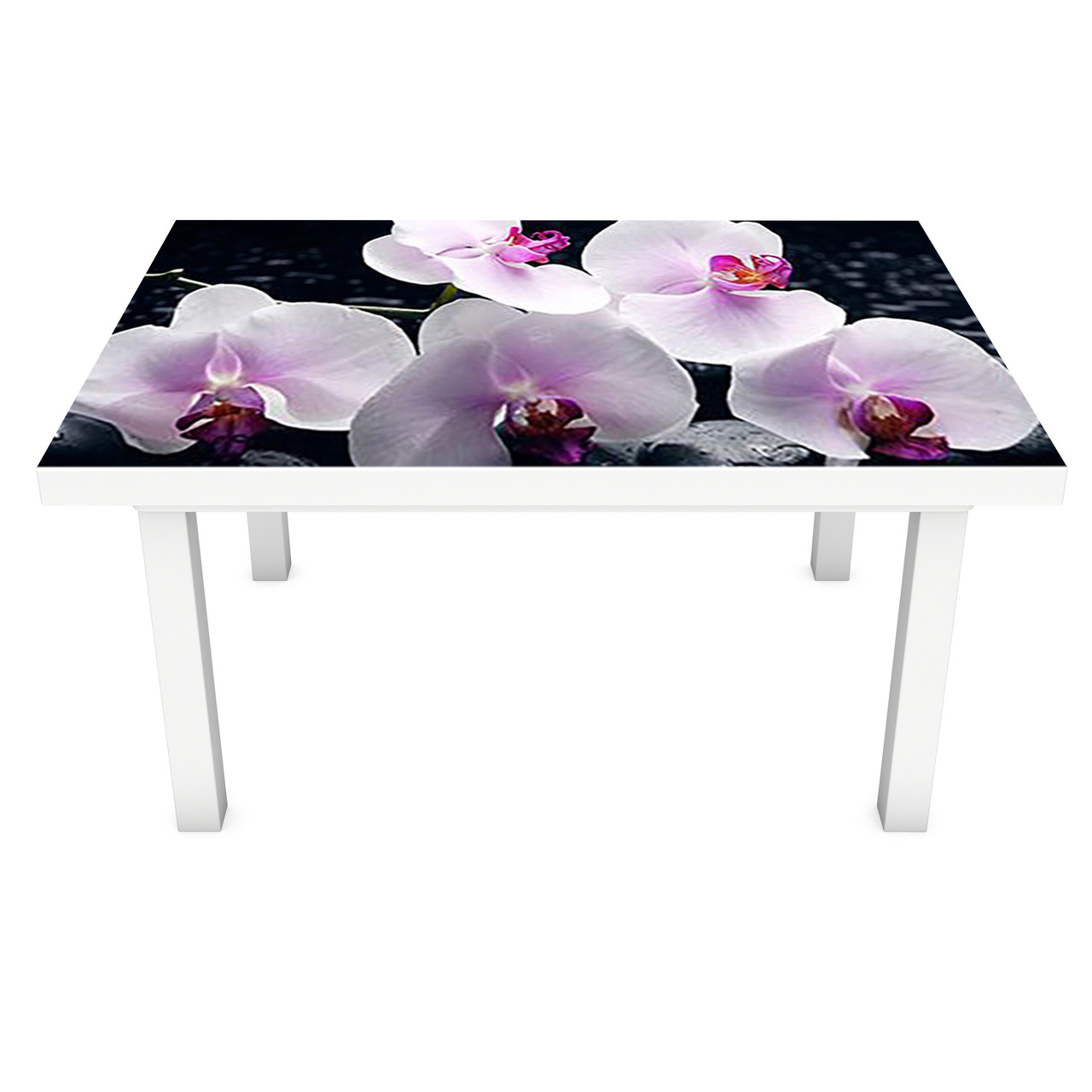 Наклейка на стол Орхидеи в воде (виниловая пленка ПВХ для мебели) белые цветы отражение Черный 600*1200 мм - фото 1 - id-p1244082814