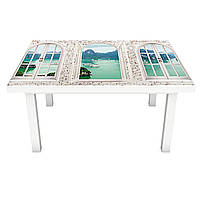 Наклейка на стол Окно в Средиземье (виниловая пленка ПВХ для мебели) Арки Море острова Зеленый 650*1200 мм