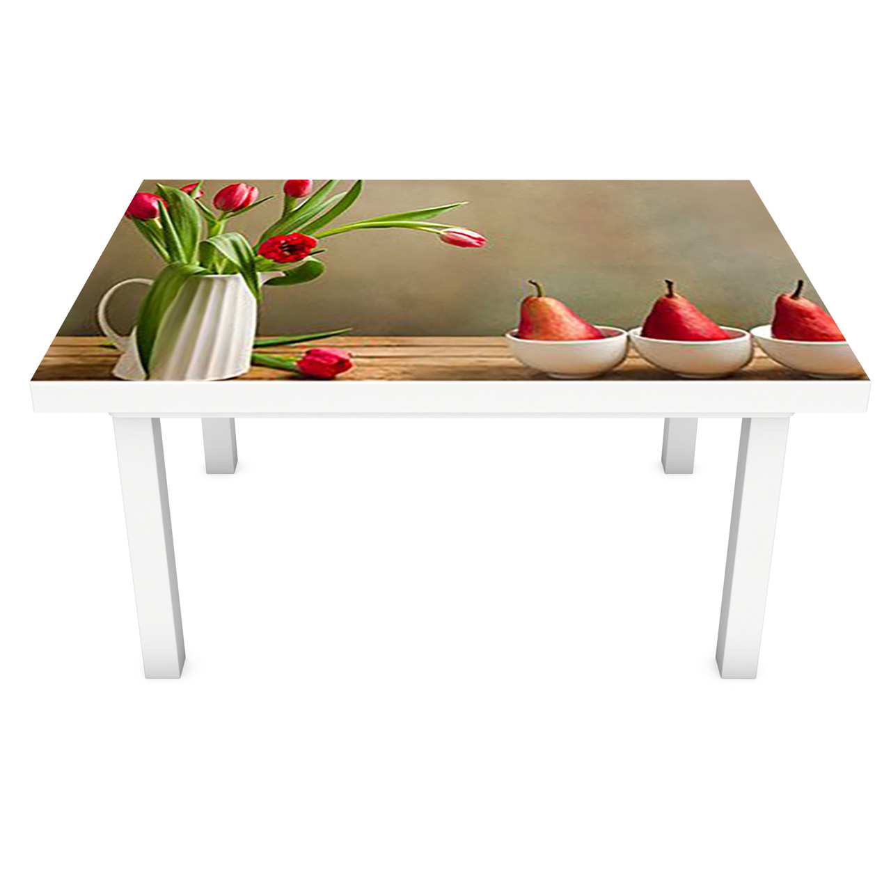 Наклейка на стіл Груші і Тюльпани (вінілова плівка ПВХ для меблів) Натюрморт вази Бежевий 600*1200мм, фото 1