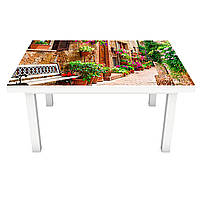 Наклейка на стол Шикарный Прованс (виниловая пленка ПВХ для мебели) каменные улицы цветы Коричневый 650*1200