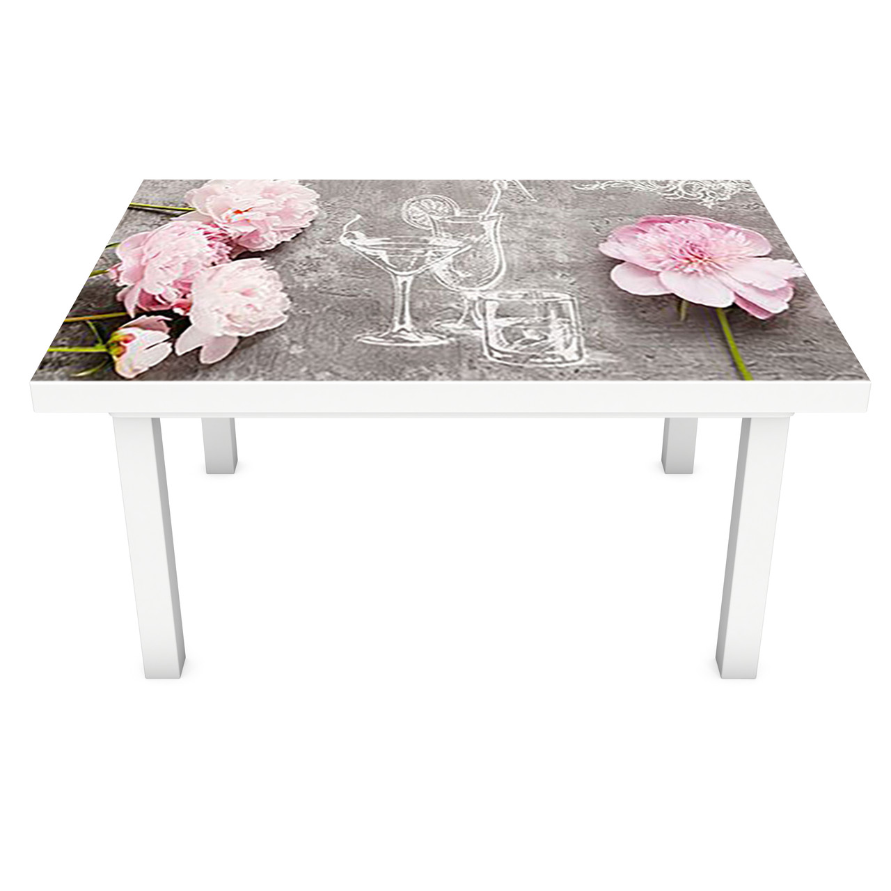Наклейка на стіл Крейдяний малюнок (вінілова плівка ПВХ для меблів) півонії рожеві квіти Сірий 600*1200мм, фото 1