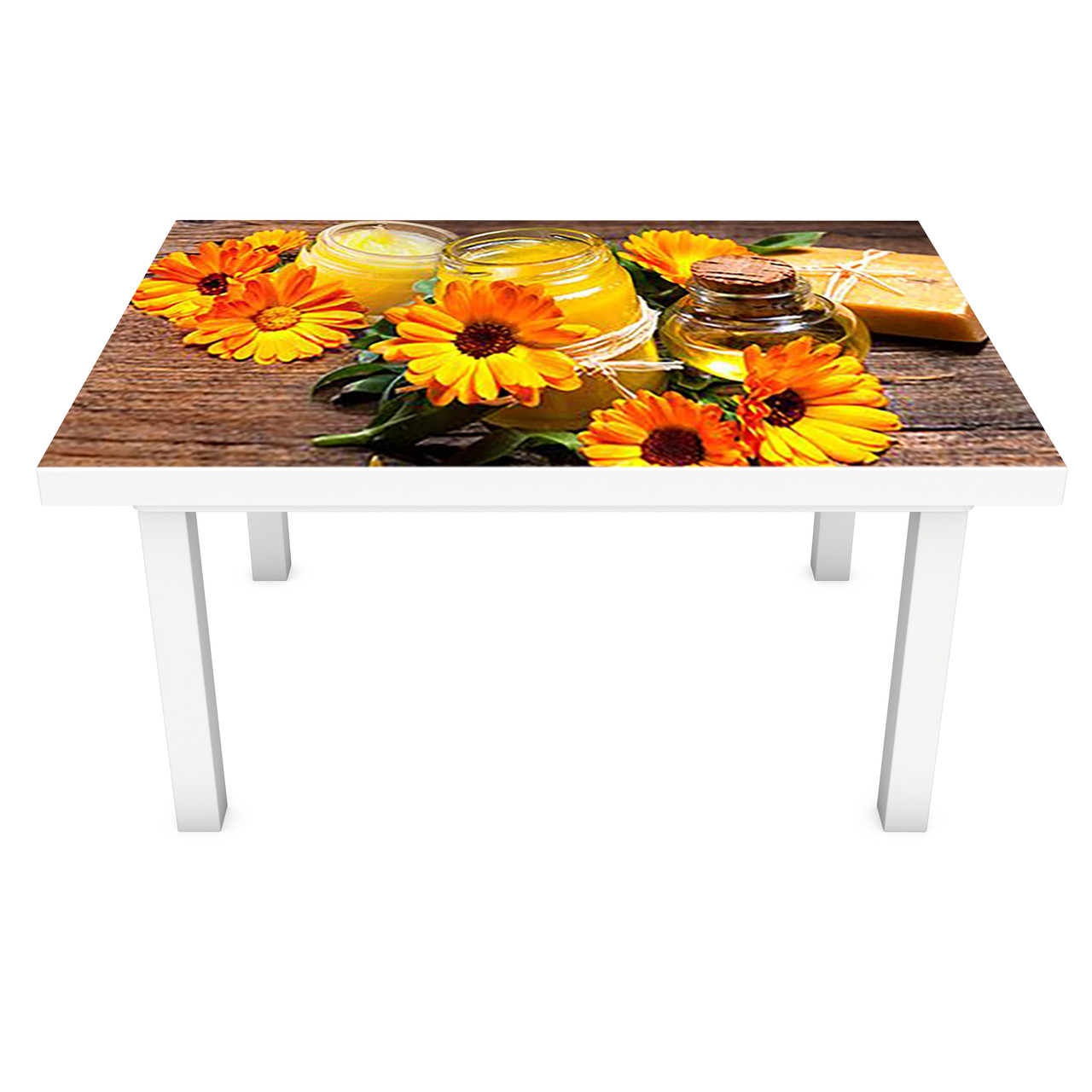 Наклейка на стіл Календула (ПВХ інтер'єрна плівка для меблів) помаранчеві квіти на дерев'яному тлі 600*1200мм, фото 1