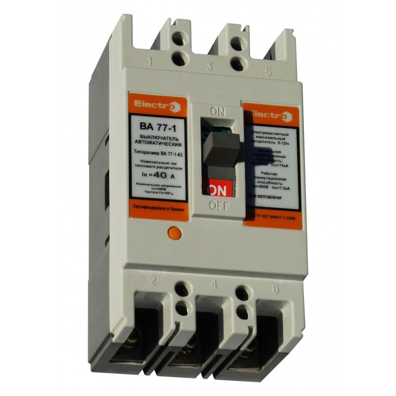Автоматичний вимикач ElectrO ВА77-1-63 3 полюси 020А 10In (8-12In) Icu 25кА Ics 18кА 400В