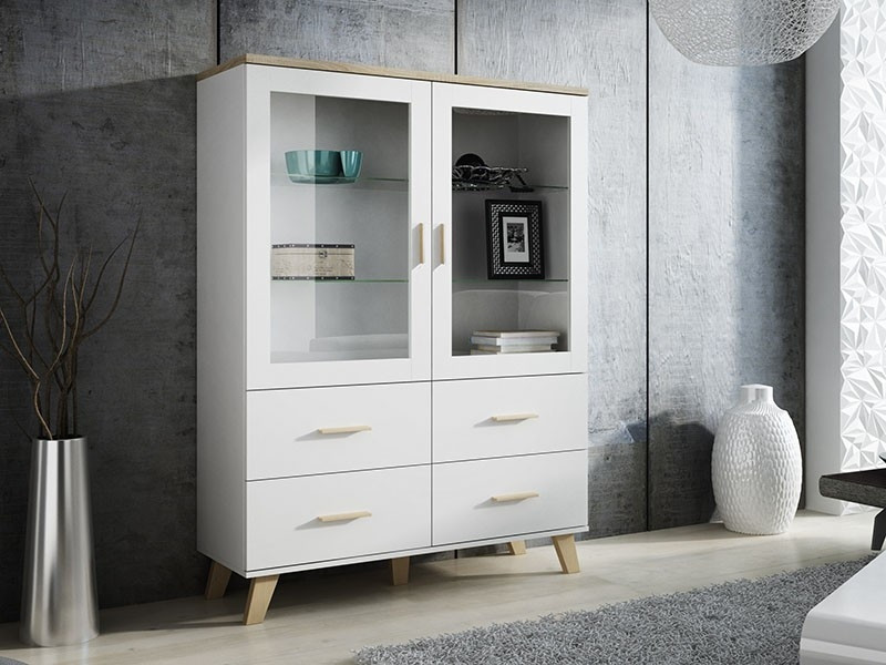 Вітрина Lotta 120 2D4S білий / дуб Сонома, чорний, чорний, дуб Вотан