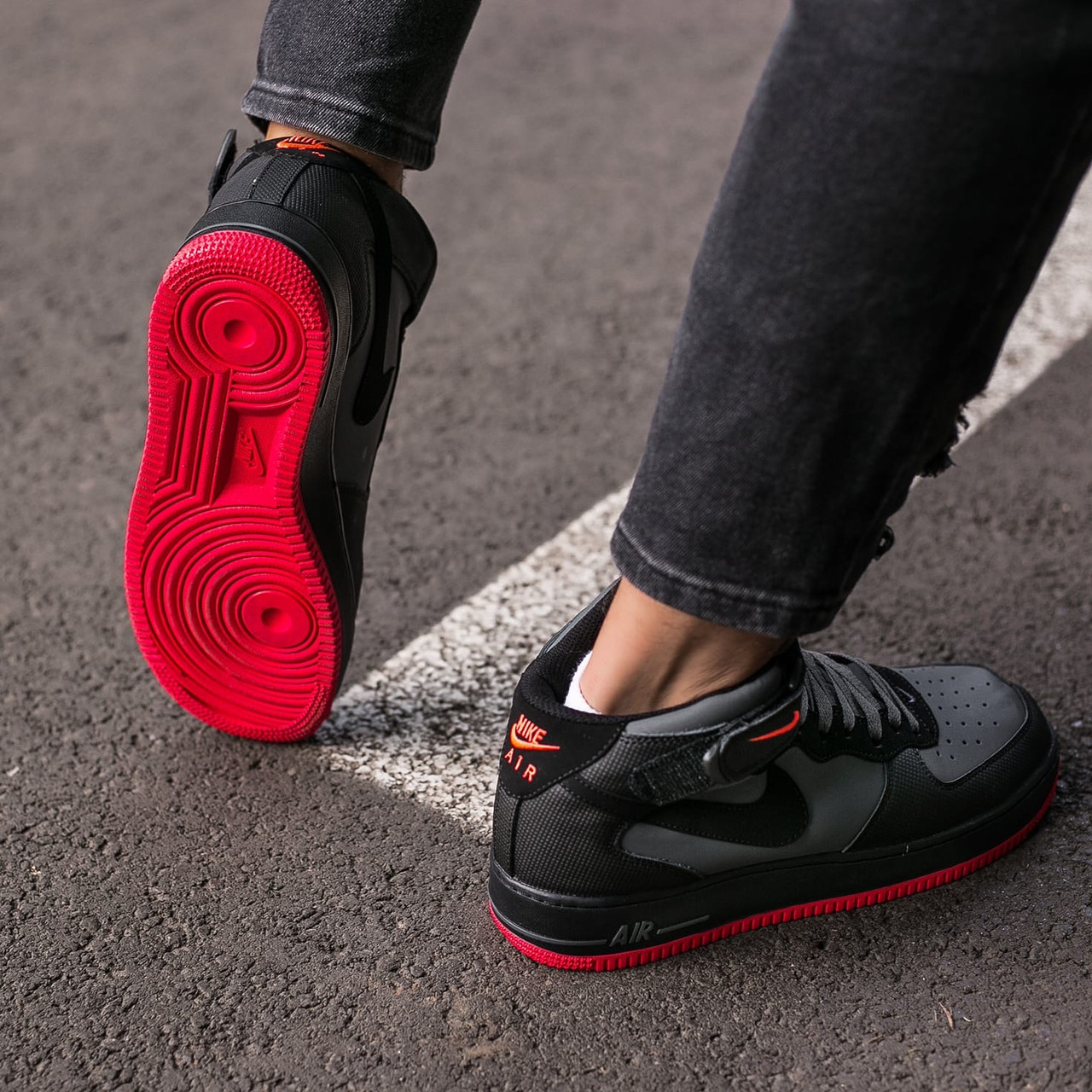 Nike Air Force 1 Black Grey Red ID