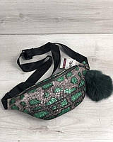Женская сумка Бананка с пушком серебряная с зеленым змея (никель)