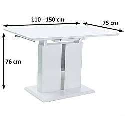 Білий глянцевий стіл розкладний Signal Dallas 110-150х75см для маленької кухні на одній ніжці модерн Польща