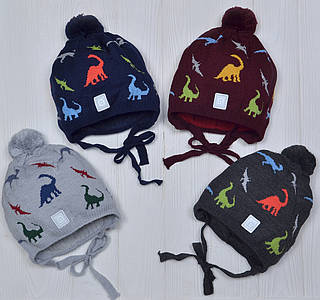 Шапка демісезонна на зав'язках для хлопчика з кольоровими динозавриками