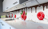 Кухонный фартук Малина Шоколад (виниловая наклейка для кухни ПВХ пленка скинали) красные Ягоды Белый 600*2500
