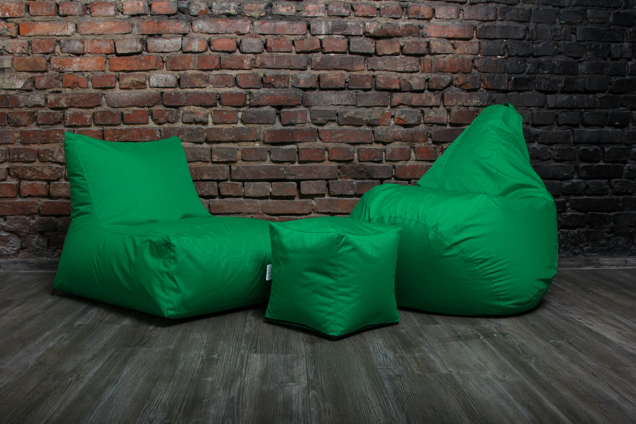 Зелений набір м'яких безкаркасних меблів (крісло мішок, диван, пуф)