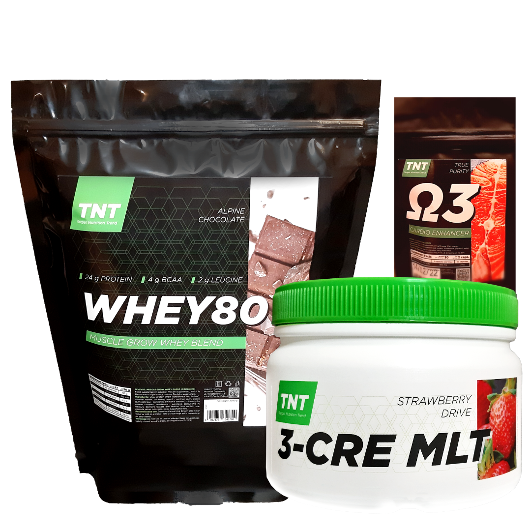 Комплект для набору маси: 2 кг Протеїн Whey Poland, 80% альпійський шоколад + Креатин + Омега-3 у Подарунок!
