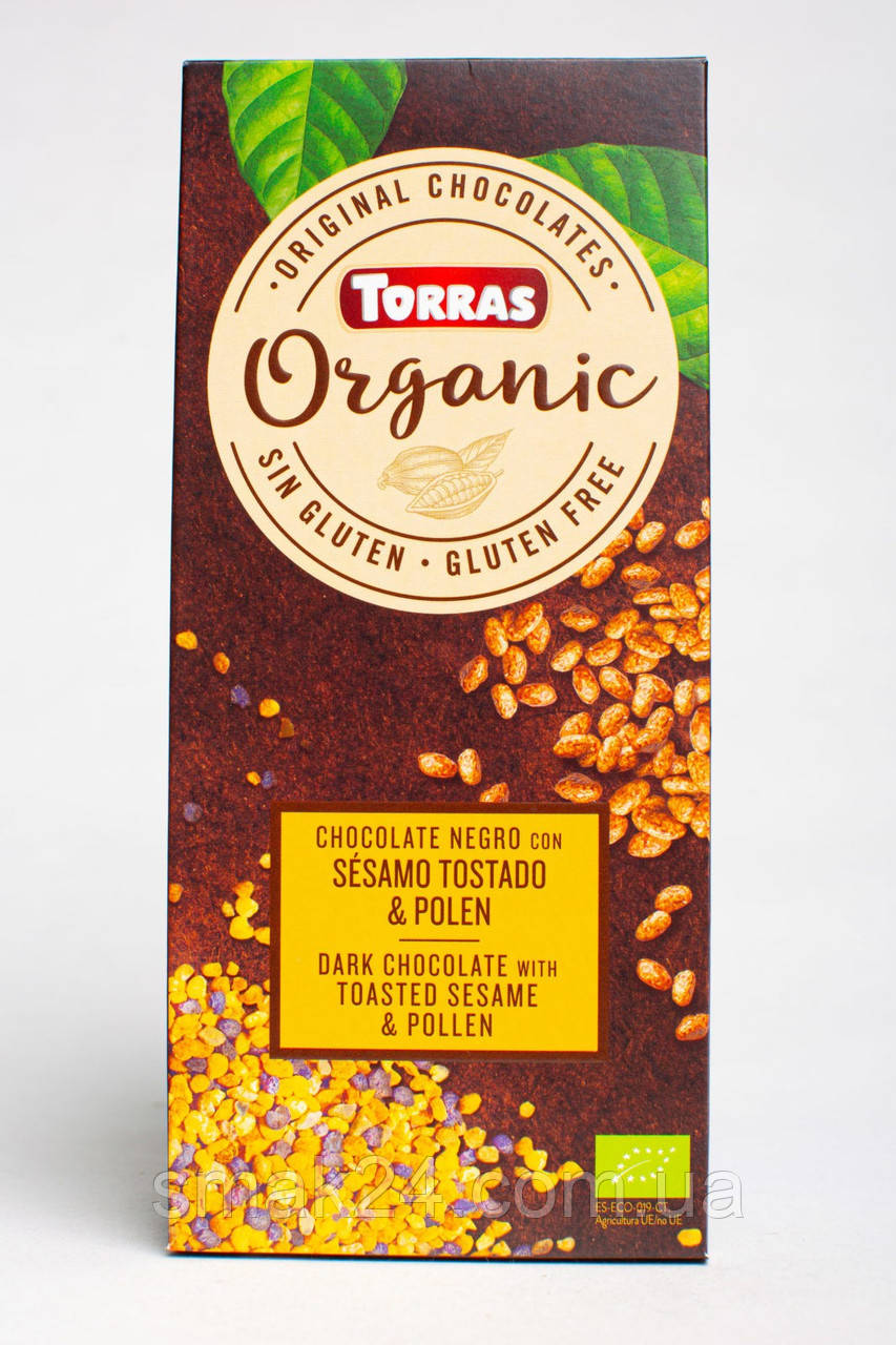 Шоколад чорний без глютену Organic з кунжутом і квіточкою. пилковий Sesamo Tostado&Pole Torras 100 г Іспанія