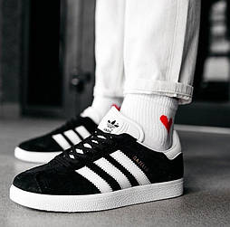 Чоловічі кросівки Adidas Gazelle Black White демісезонні осінь весна чорні з білим. Живе фото
