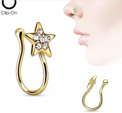 Пірсинг-обманка срібляста в ніс зірка з кристалами, фото 1