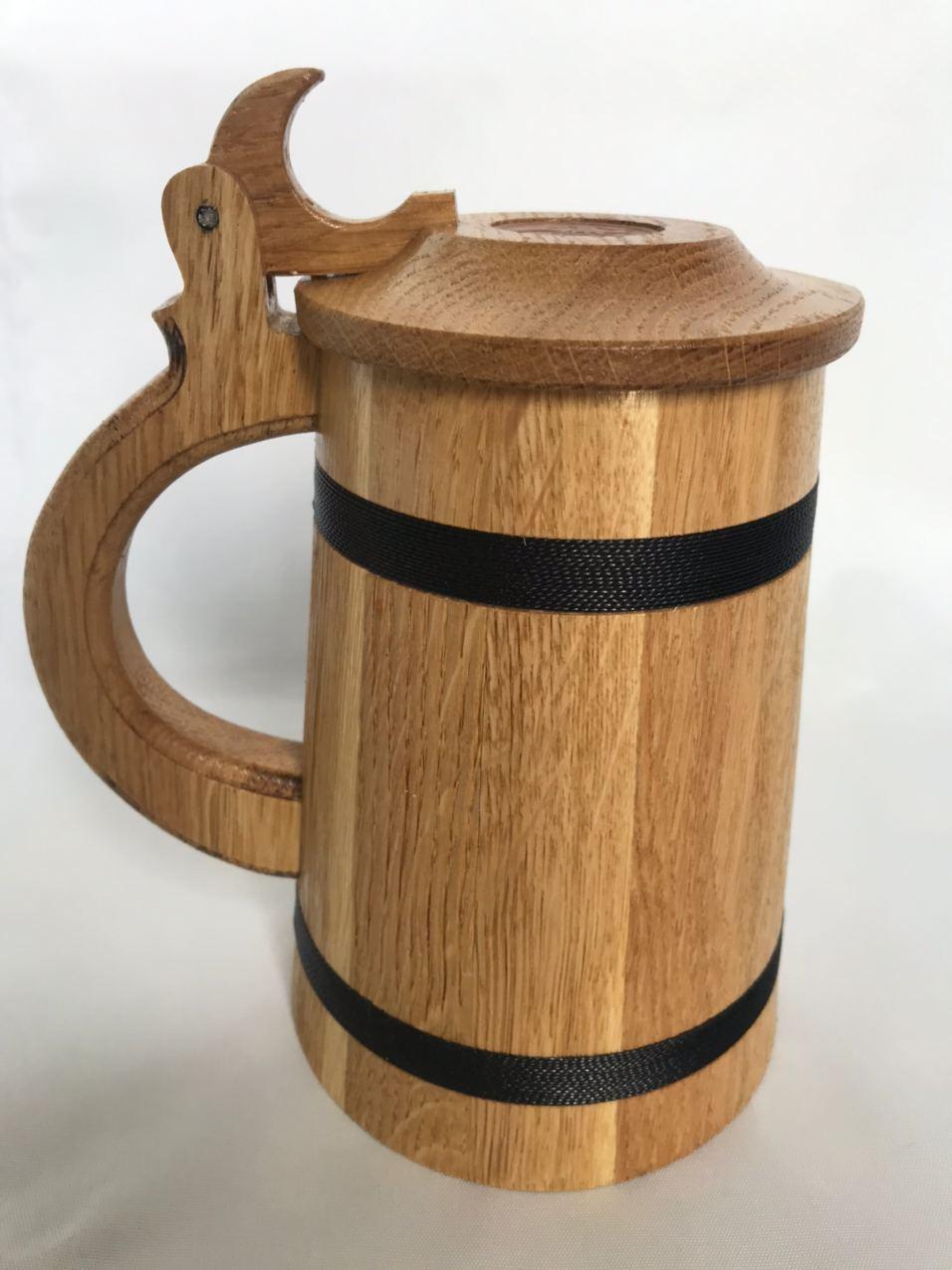 Келих дерев'яний для пива з кришкою, келих для пива, пивний келих, фото 1