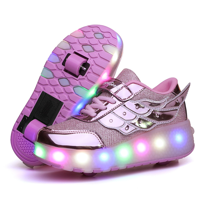 Роликові кросівки з LED-підсвіткою, рожеві на 2 колесах, розмір 27-38 (LR 1213)