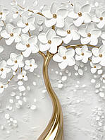 Фото обои 3D на стену 184x254 см Золотое дерево с белыми цветами (13589P4A)+клей