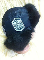 Чоловіча синя вушка з плащівки зі штучним чорним хутром