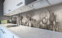 Вініловий кухонний фартух Пастельний Натюрморт (наклейка для кухні ПВХ плівка скіналі) Фрукти овочі Сірий