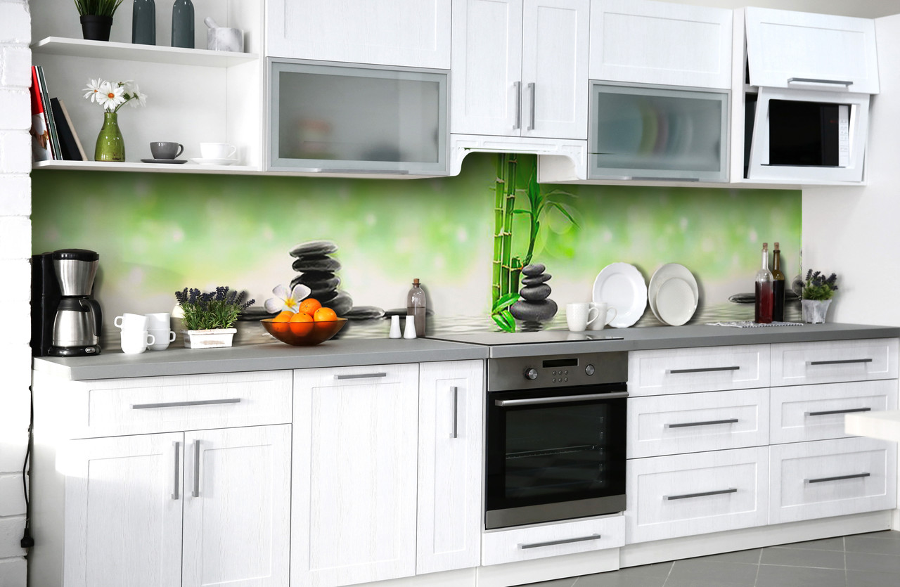 Вініловий кухонний фартух Відблиски Камені (наклейка для кухні ПВХ плівка скіналі) бамбук Абстракція Зелений, фото 1