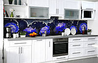 Виниловый кухонный фартук Синие Пионы Вода (наклейка для кухни ПВХ пленка скинали) Цветы Черный 600*2500 мм